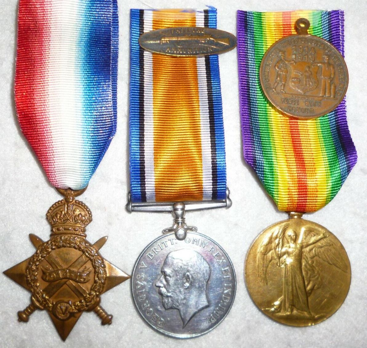 WW1 1914-15 Bi-Lingual Victory Medal Trio to 5th S.A.M.R. Artillery Peace Medal
