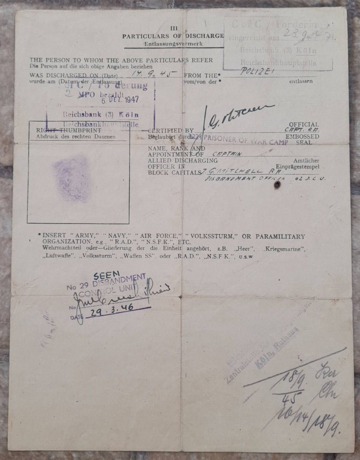 Vintage Police, Prison,1946 Receipt, Ayman\'s Thumb Print Document