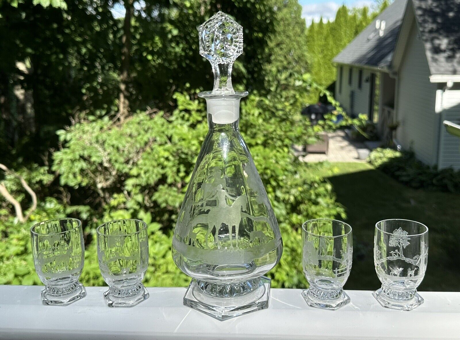 Vtg Heisey Deep Plate Etch Fox Chase Gascony Footed Decanter & 5 Tumblers Rare