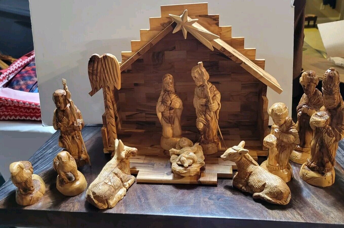  Nativity Set Artisan Hand Carved Olive Wood Bethlehem Hinged Creche 15 Pcs