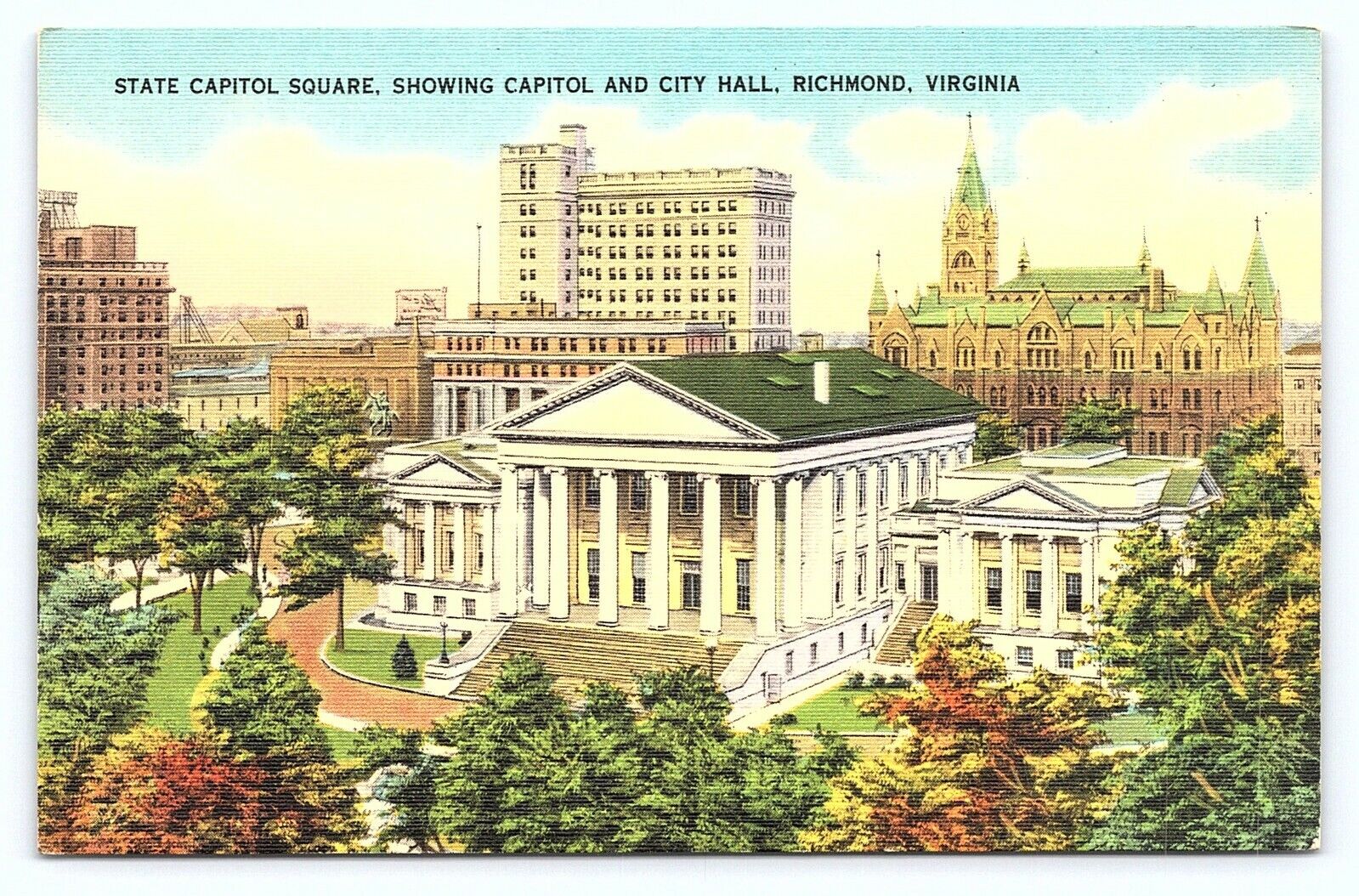 Vtg 1930s Richmond Virginia VA State Capitol Square City Hall Linen Postcard D21