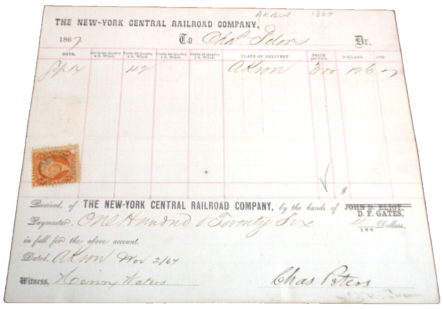 NOVEMBER 1867 NEW YORK CENTRAL NYC RAILROAD AKRON WOOD BILL