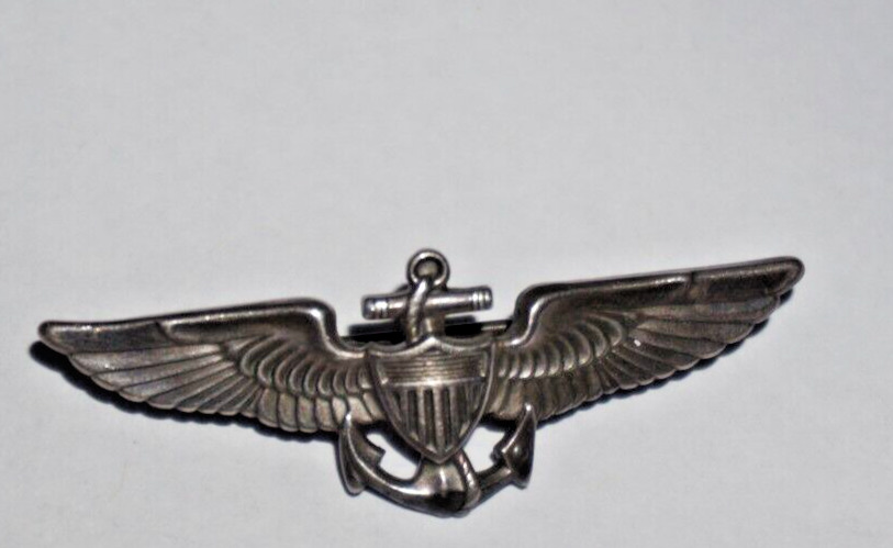 WWII US Navy Naval Aviator Sterling Silver Pilot Wings Sweetheart Pin  1.75\
