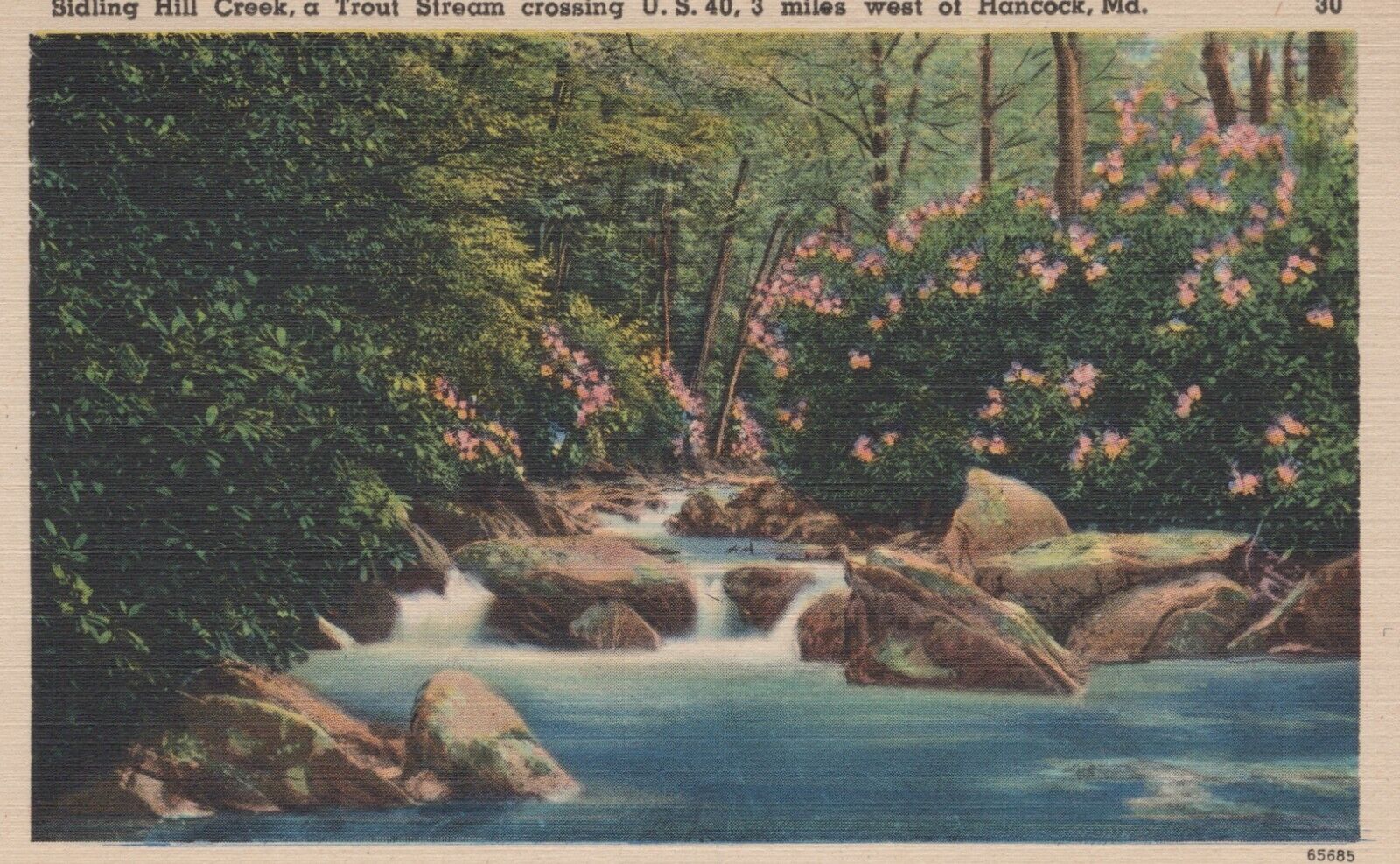 Sidling Hill Creek-A Trout Stream US 40 Hancock MD Linen W/White Border Postcard