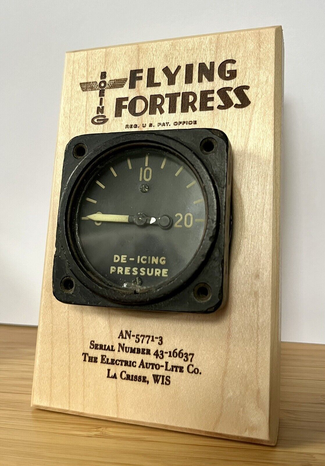 Boeing B-17 Flying Fortress Salvage Part De-Icing Gauge WWII Plaque Gift
