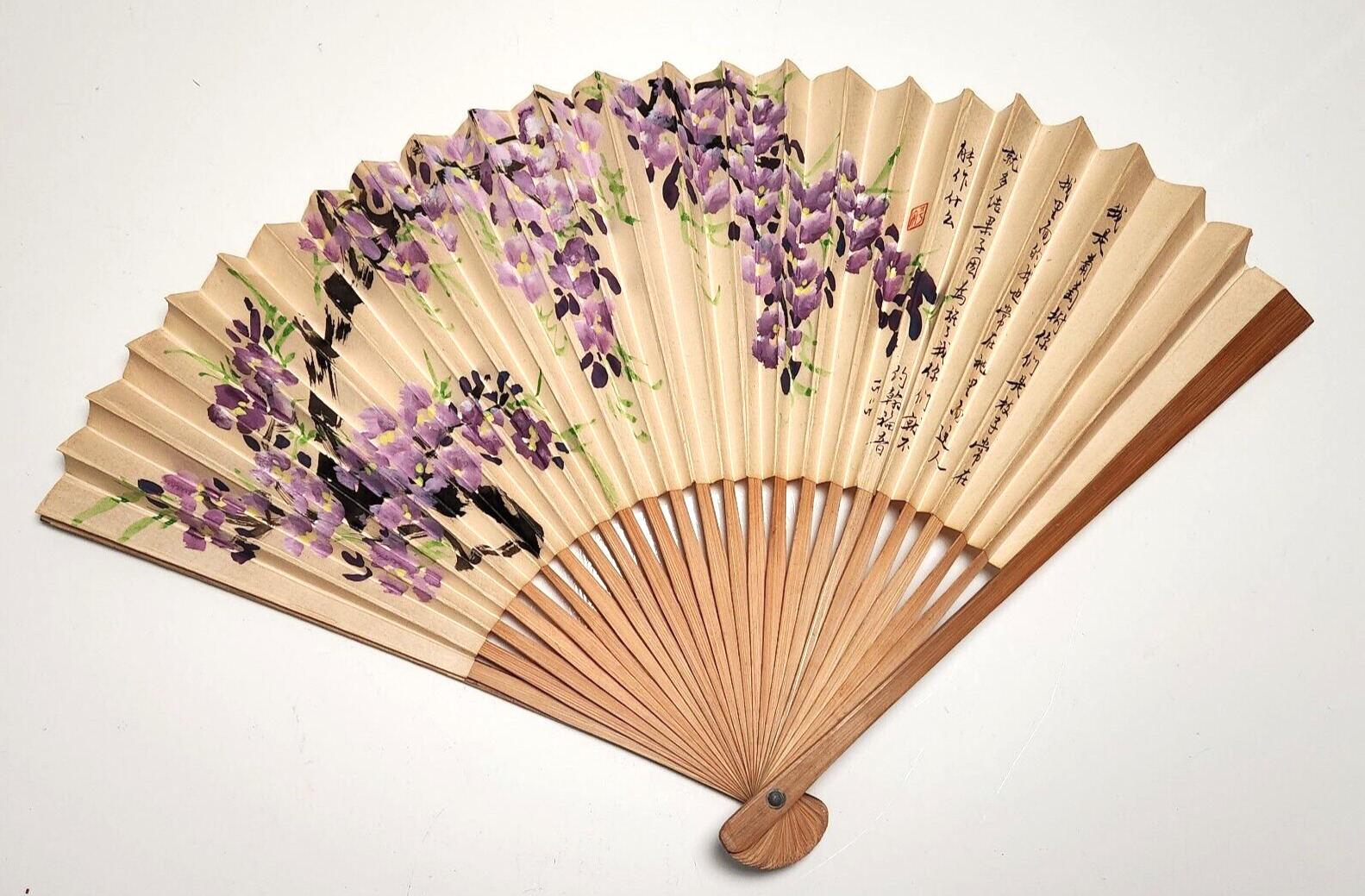 Chinese Folding Fan Bamboo Paper Hand Painted Floral Calligraphy 16.5\'\' Span