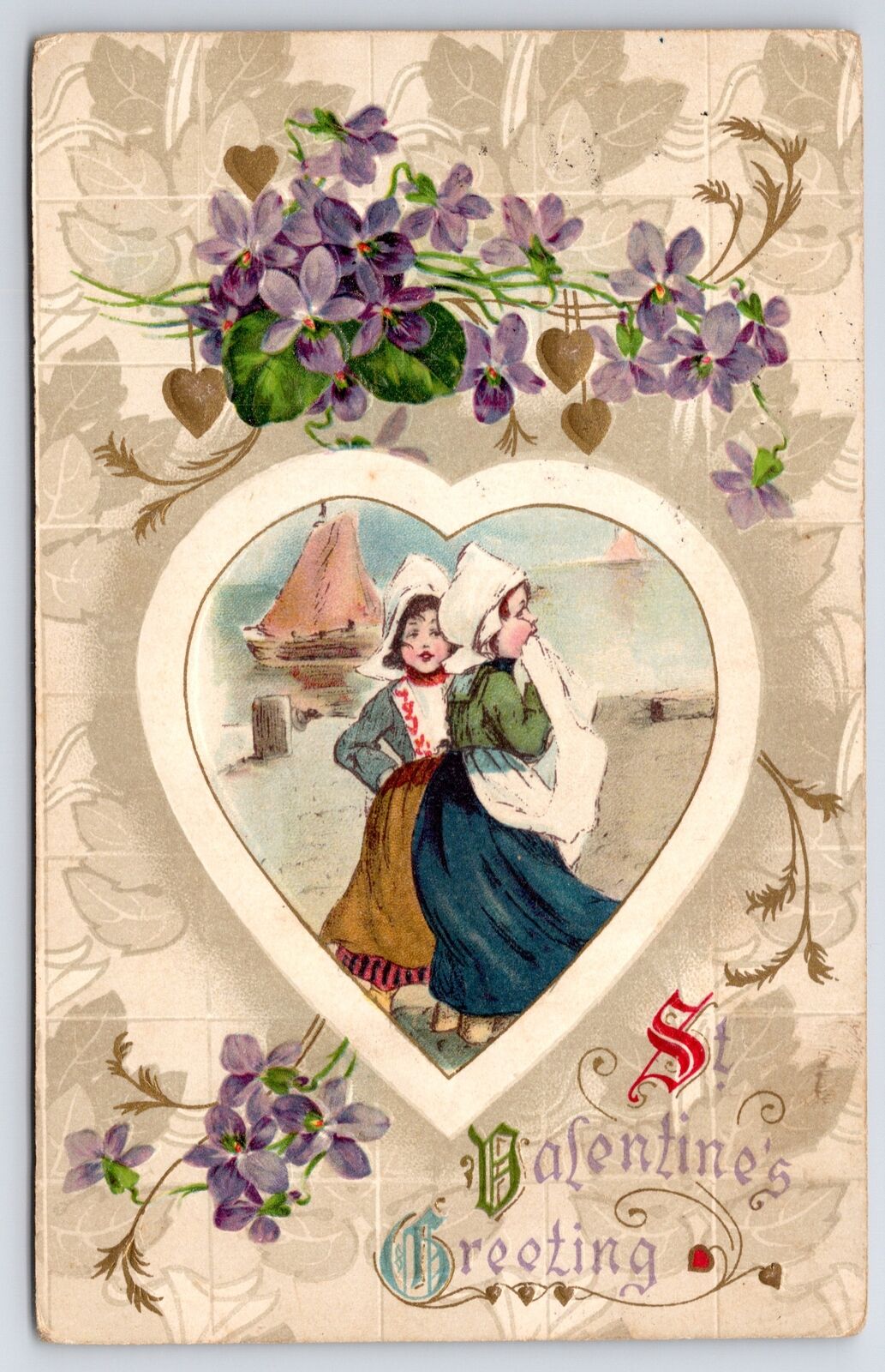 Holiday~Valentines Greeting~Dutch Girls In Heart Inset~Boat~Winsch 1910 Postcard