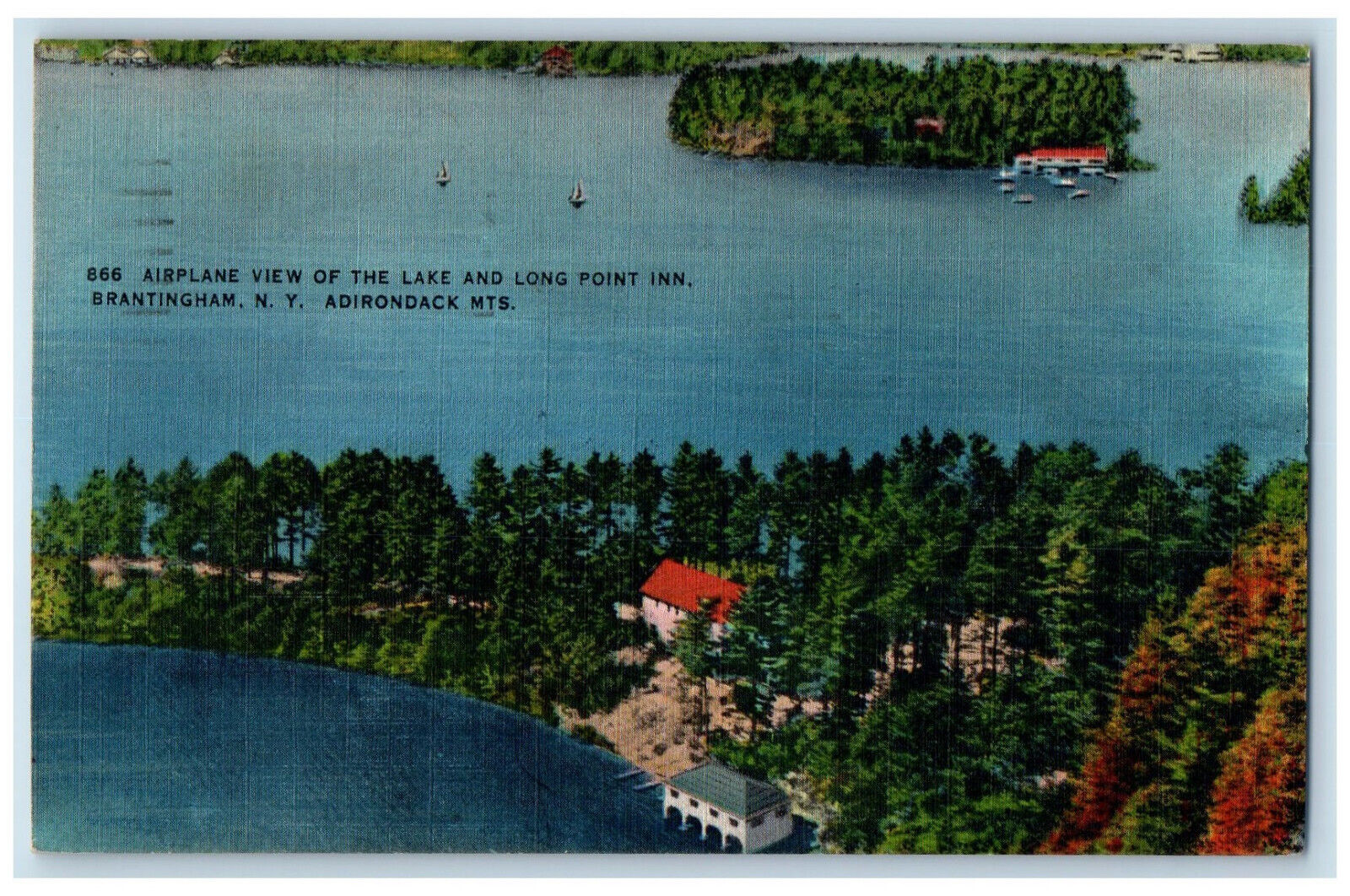 1947 Airplane View of the Lake Long Point Inn Adirondack Mountains NY Postcard
