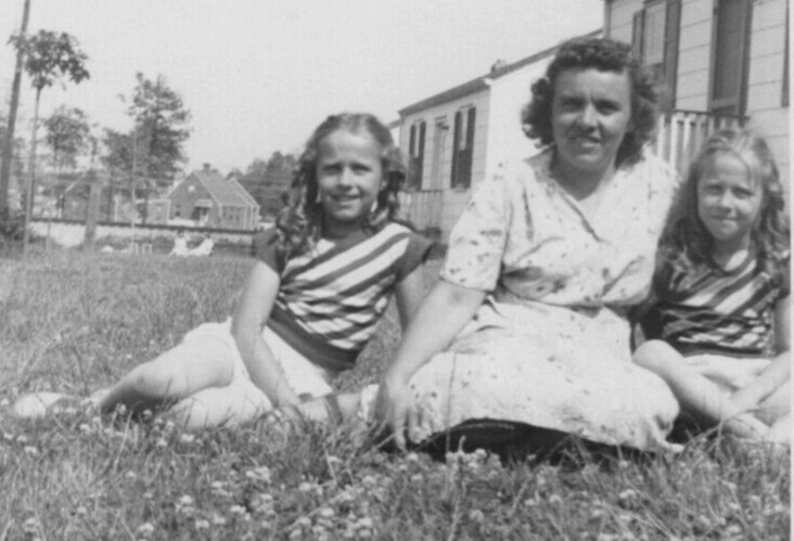 5N Photograph Portrait Mom Twins Daughters Grass Flowers Artistic POV 1940-50's