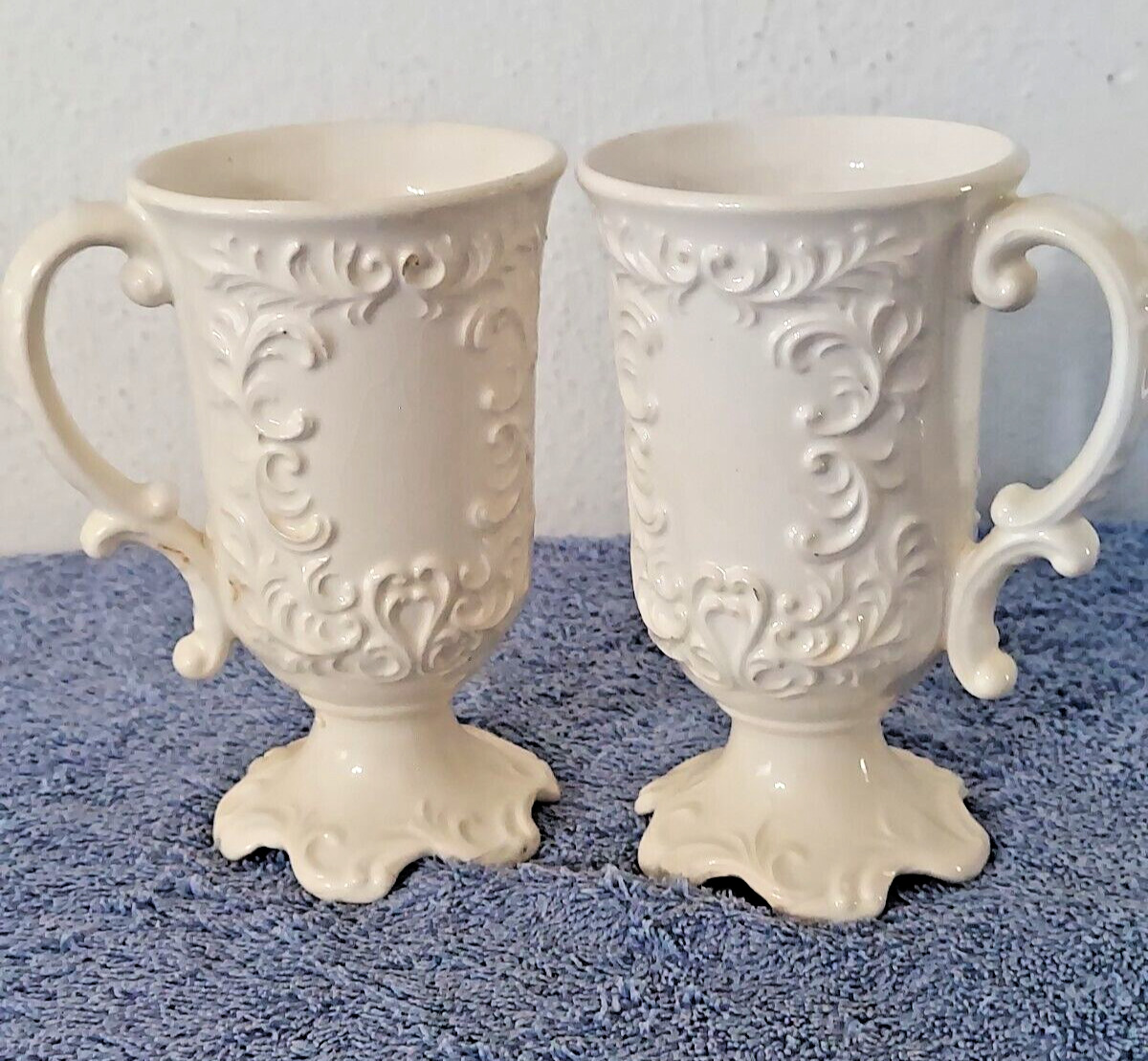 Vintage White Embossed Ornate Scroll Design Ceramic Mugs READ DESCRIPTION
