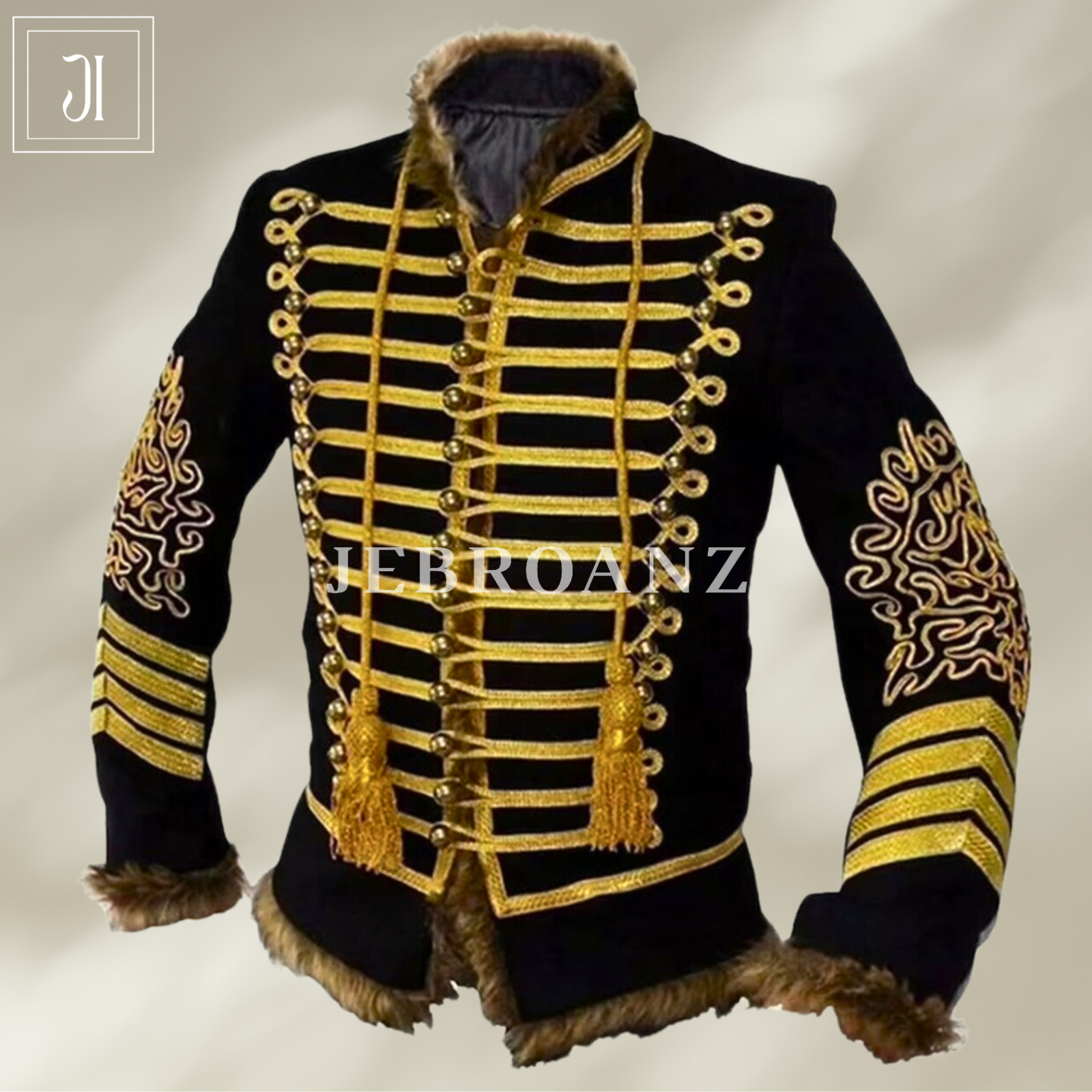 Napoleonic Hussar Jacket Black Miltary Fur Style Braided Jimmi Hendrix Jacket