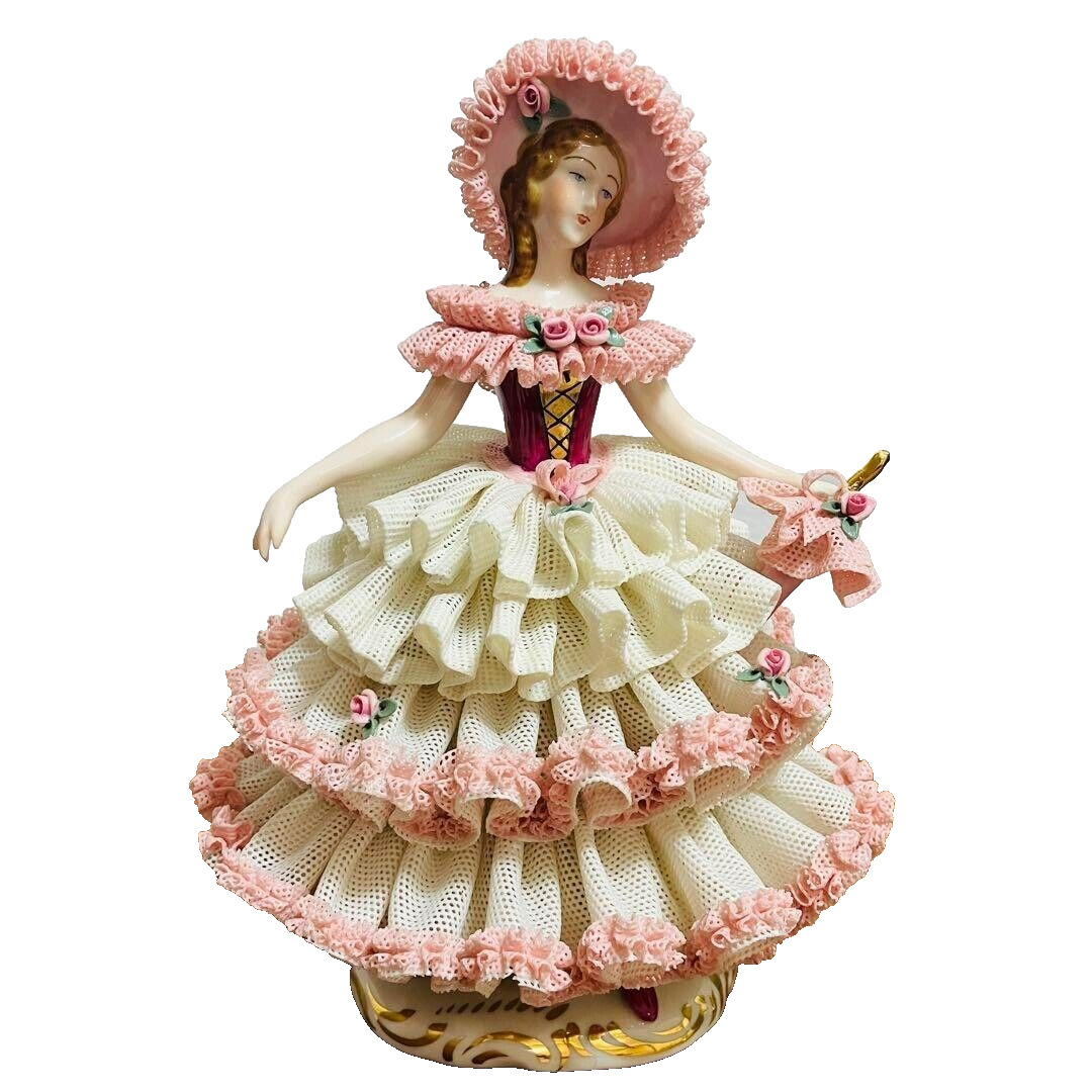 Bediu Capodimonte Lace Doll Parasol Figurine Rose Flower Porcelain Antique