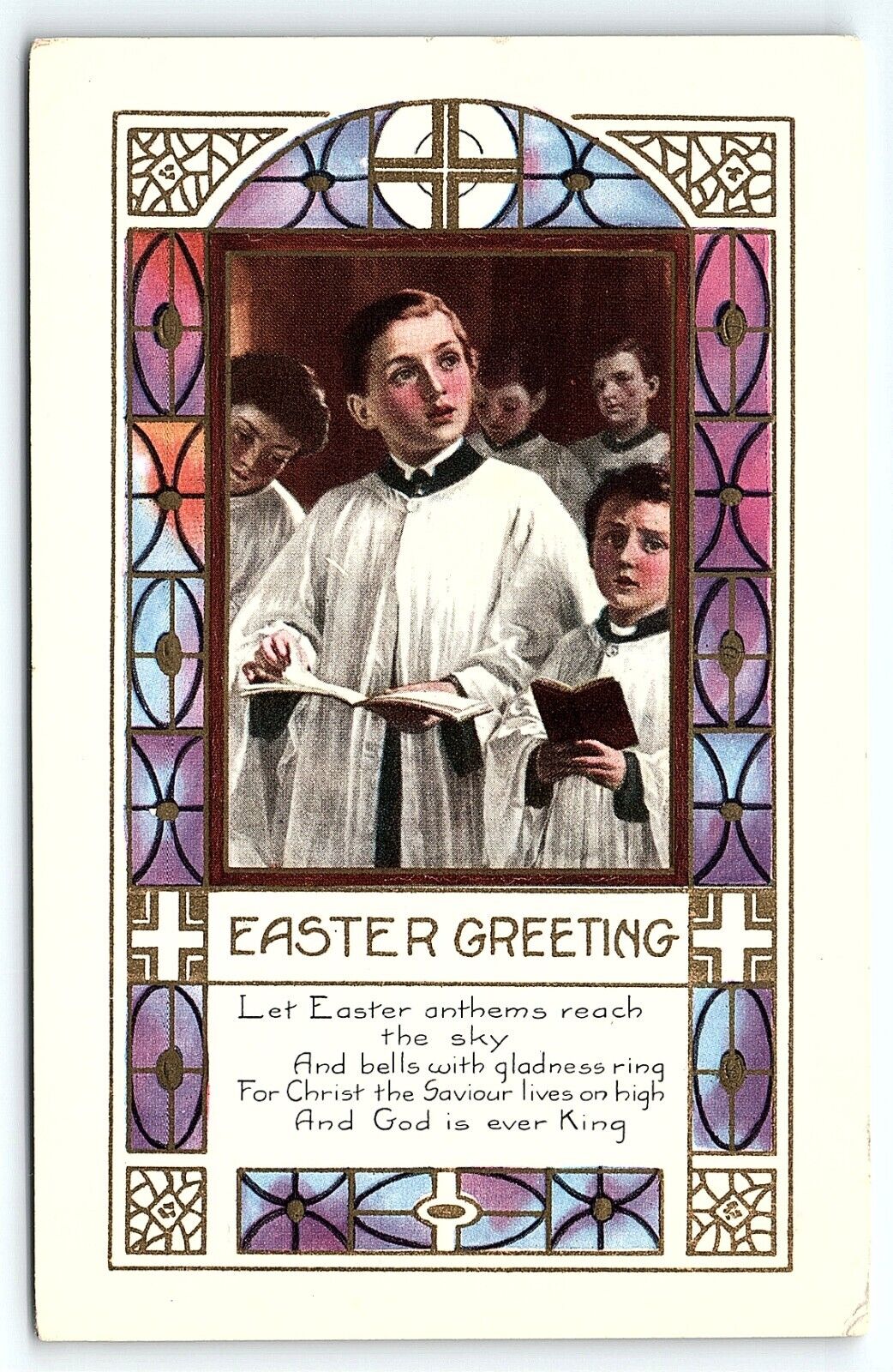 c1915 EASTER GREETING CHOIR BOYS WHITNEY MADE EMBOSSED UNPOSTED POSTCARD P3280