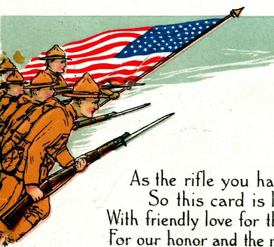 c. 1917 WWI LOYALTY SERIES POSTCARD US SOLDIERS CHARGING WITH AMERICAN FLAG 