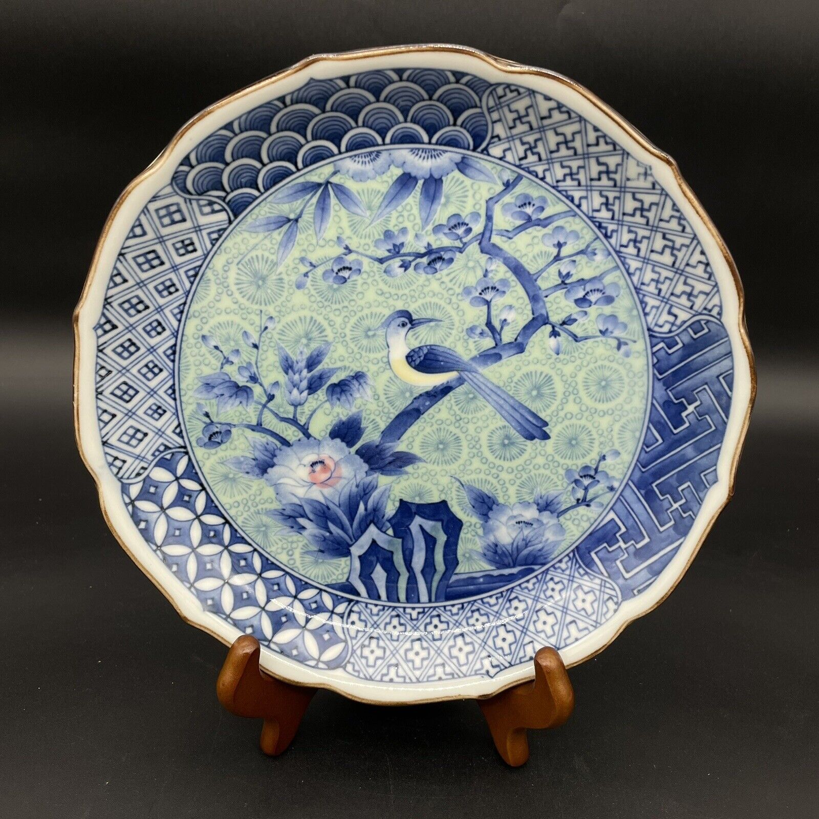 Vintage Japanese Arita-Yaki Porcelain Blue White Bird Flower Plate- EUC