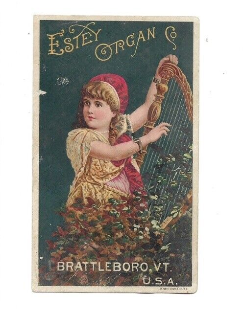 c1880s Estey Organ Co Cute Girl Harp Brattleboro Vermont VT Victorian Trade Card