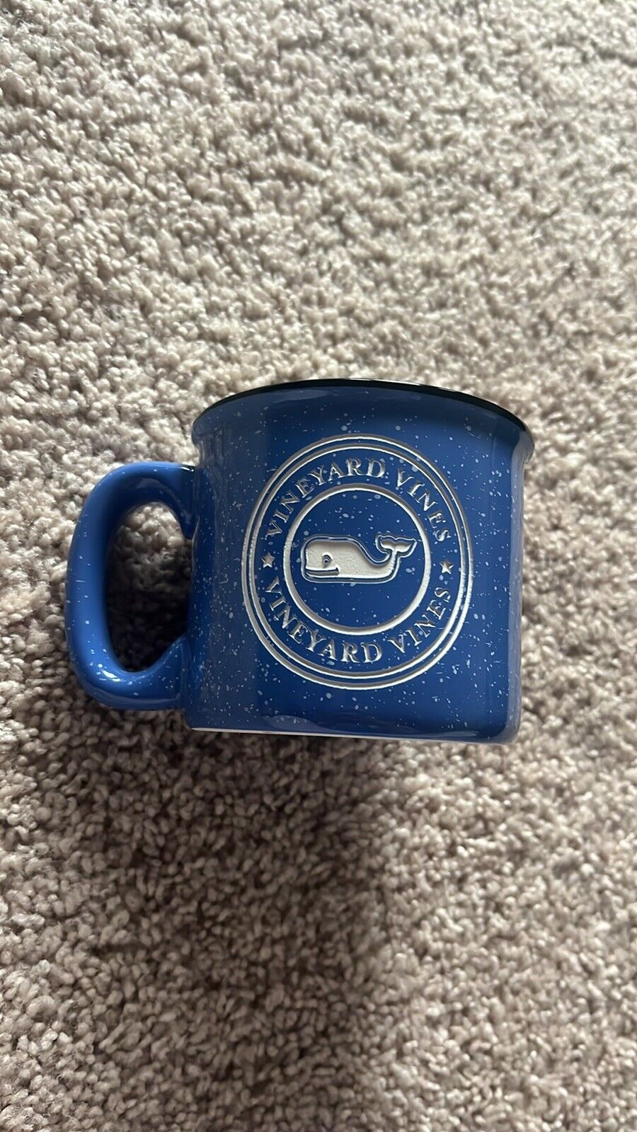 Vineyard Vines Mug Blue Large Ceramic Whale Logo Coffee Tea Speckled Carved Gift