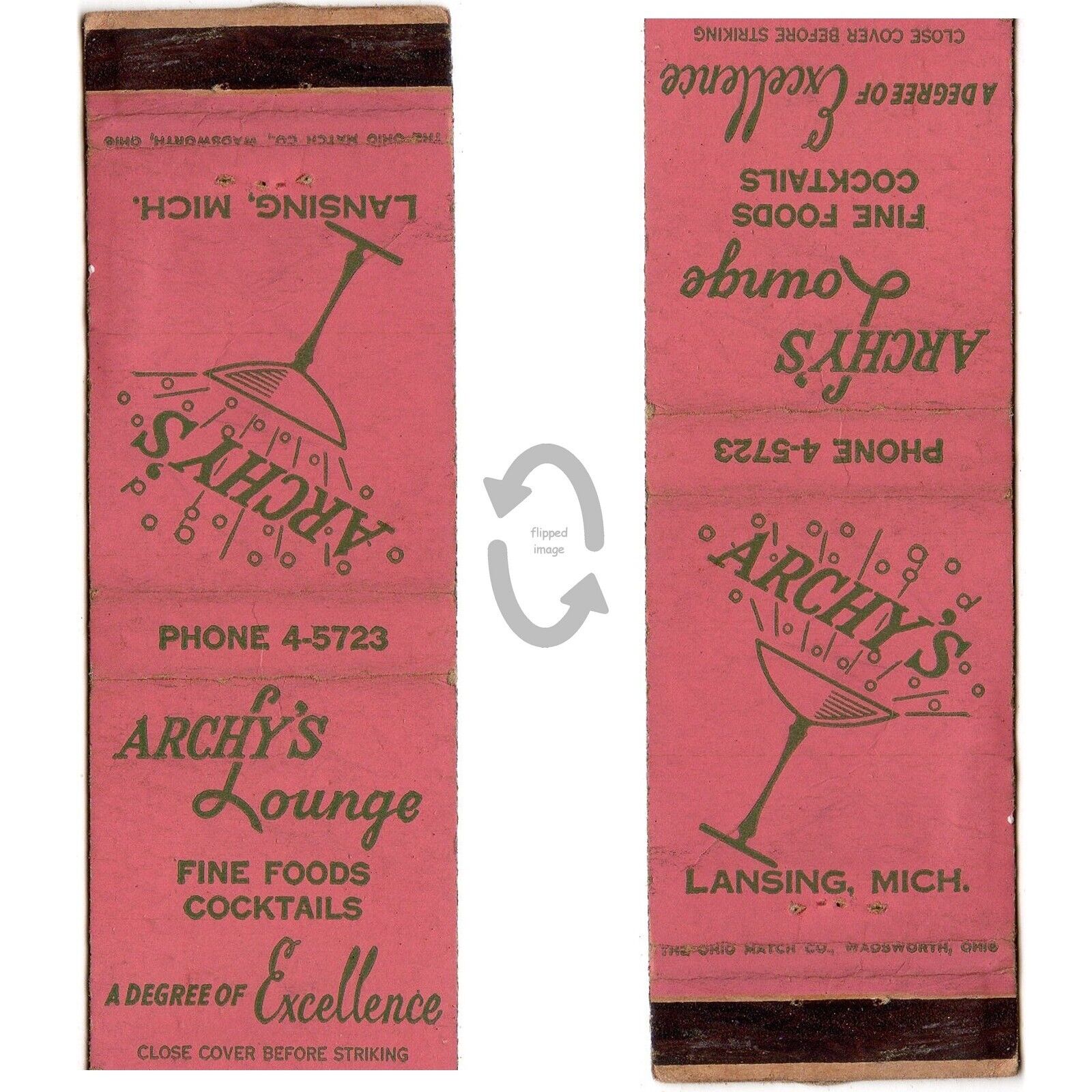 Vintage Matchbook CoverArchy's Lounge Bar Lansing Michigan 1950s Champagne glass
