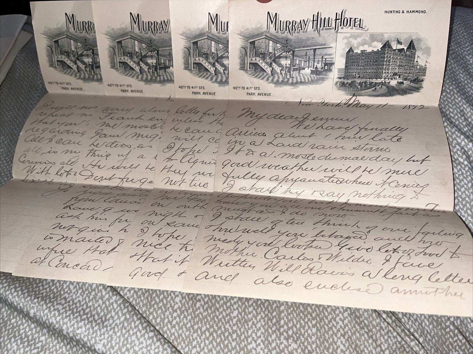 Antique 1892 Letter: Murray Hill Hotel Letterhead Park Avenue New York City