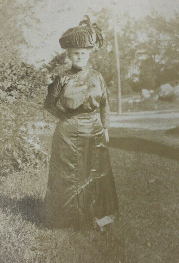 Real Photo Postcard Elderly Woman in Dress Large Big Hat RPPC Cyko