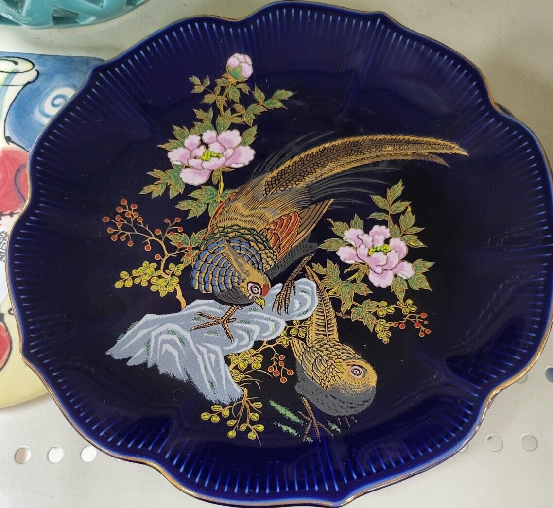 2 Vintage Cobalt Heritage Mint Ltd Porcelain Birds &Flower Gold Accents Plate 8\