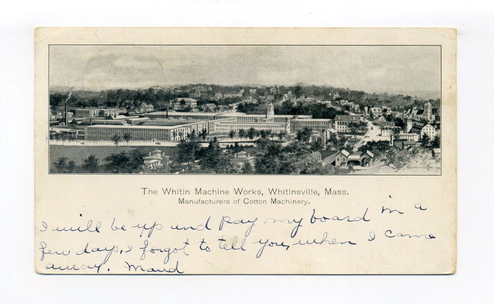 Whitinsville, Northbridge MA 1907 postcard, aerial Whitin Machine Works & area