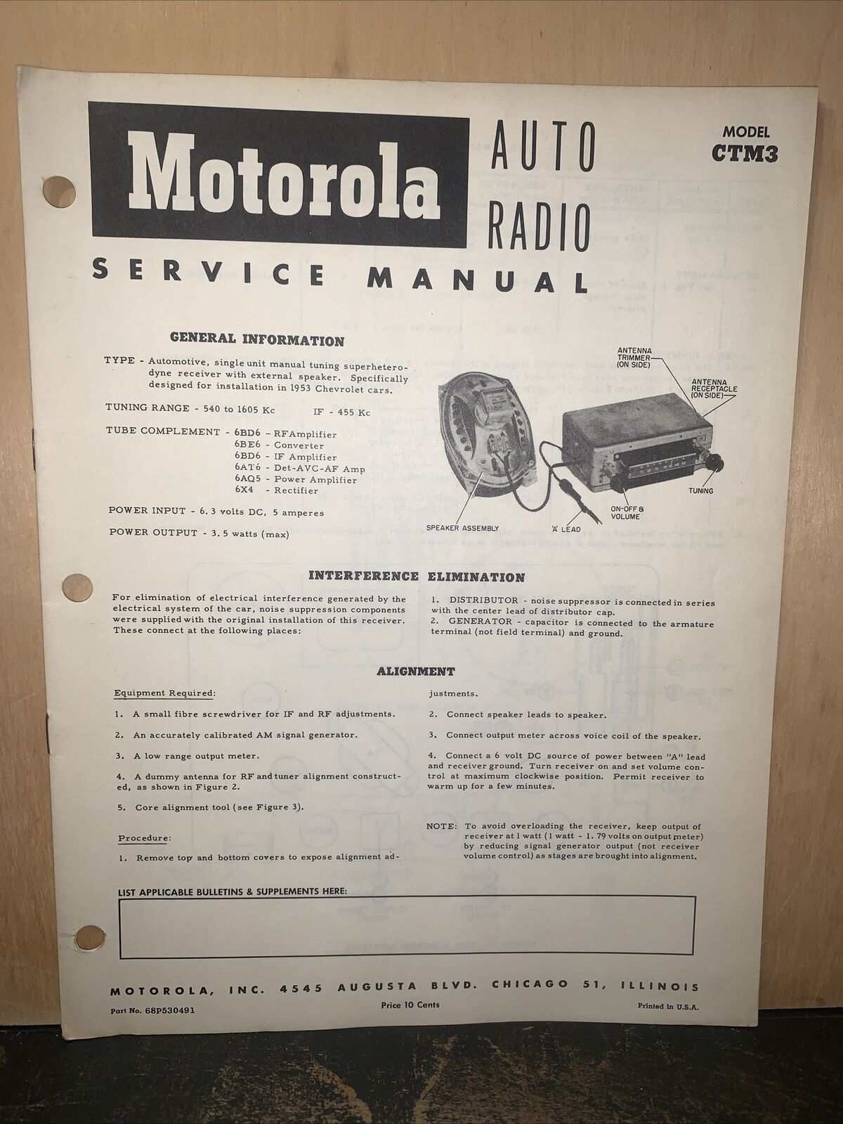 Motorola Radio -Service Manual- For 1953 Chevy Cars Schematics, Parts List. CTM3