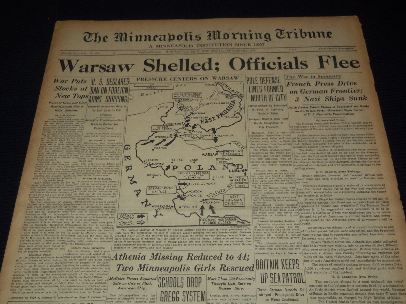 1939 SEPT 6 MINNEAPOLIS MORNING TRIBUNE NEWSPAPER - WARSAW SHELLED - NT 9522