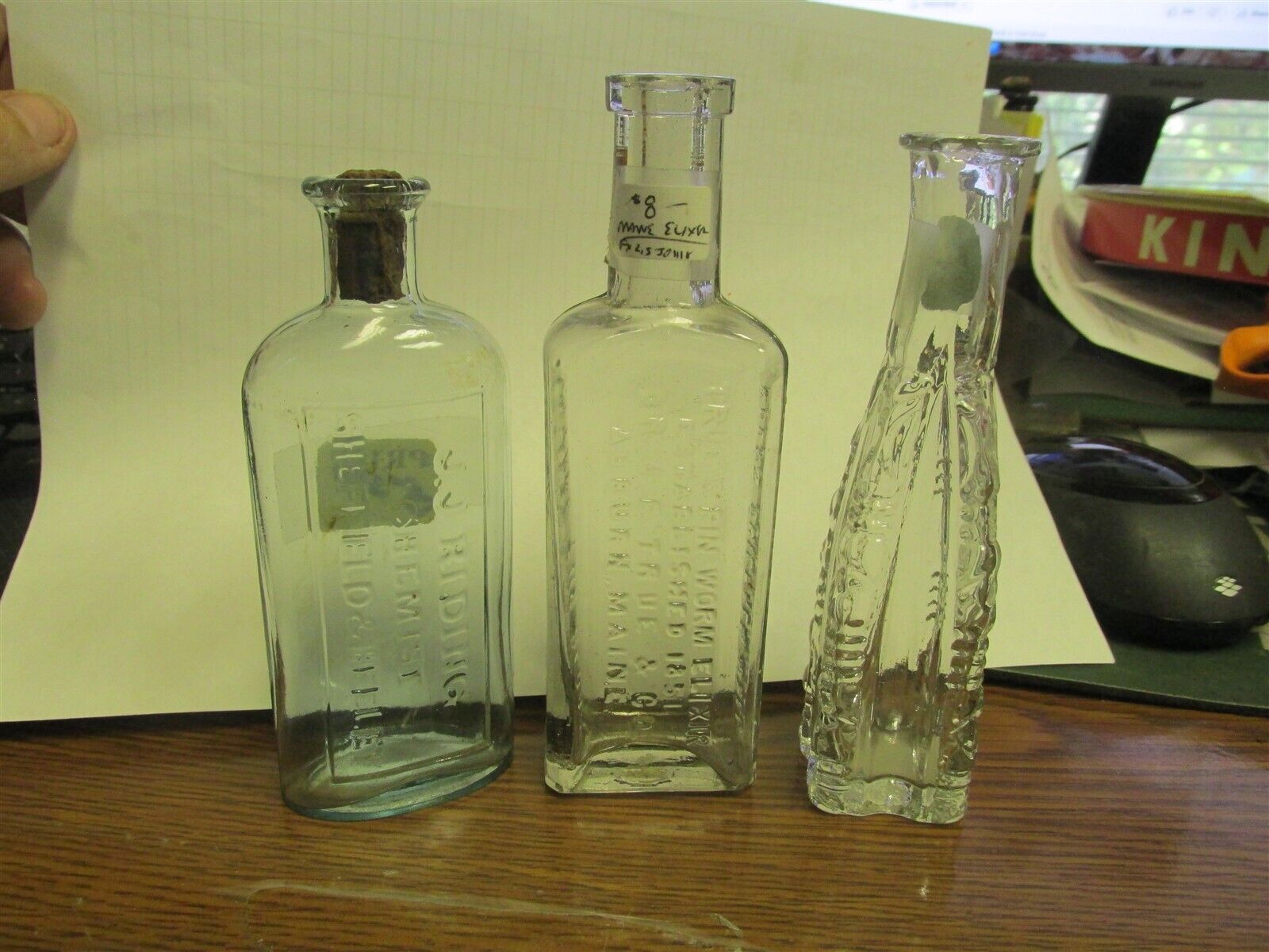 2 Medicine bottles & 1 Cologne- J.J.Riding Chemist, Auburn, ME Pin Worm Elixer