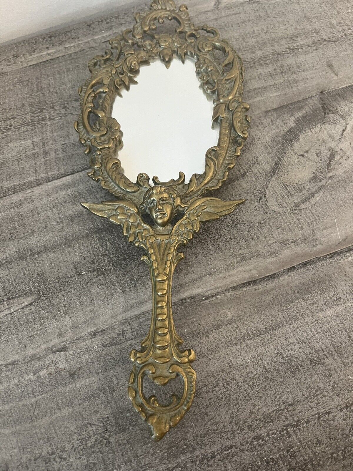 Vintage Rare Solid Brass Ornate Art Nouveau Hand Mirror Angel/Cherub