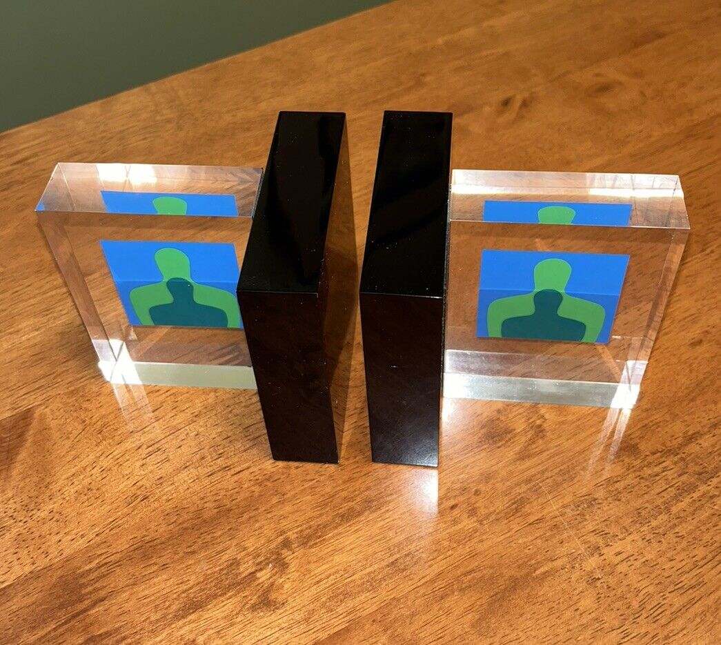 Vintage Mid Century Modernist Lucite Bookends Human Silhouette
