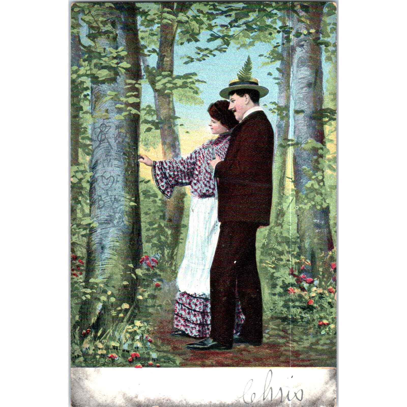 Courting Couple In a Forest Romance 1906 Victorian Original Postcard TK1-P18
