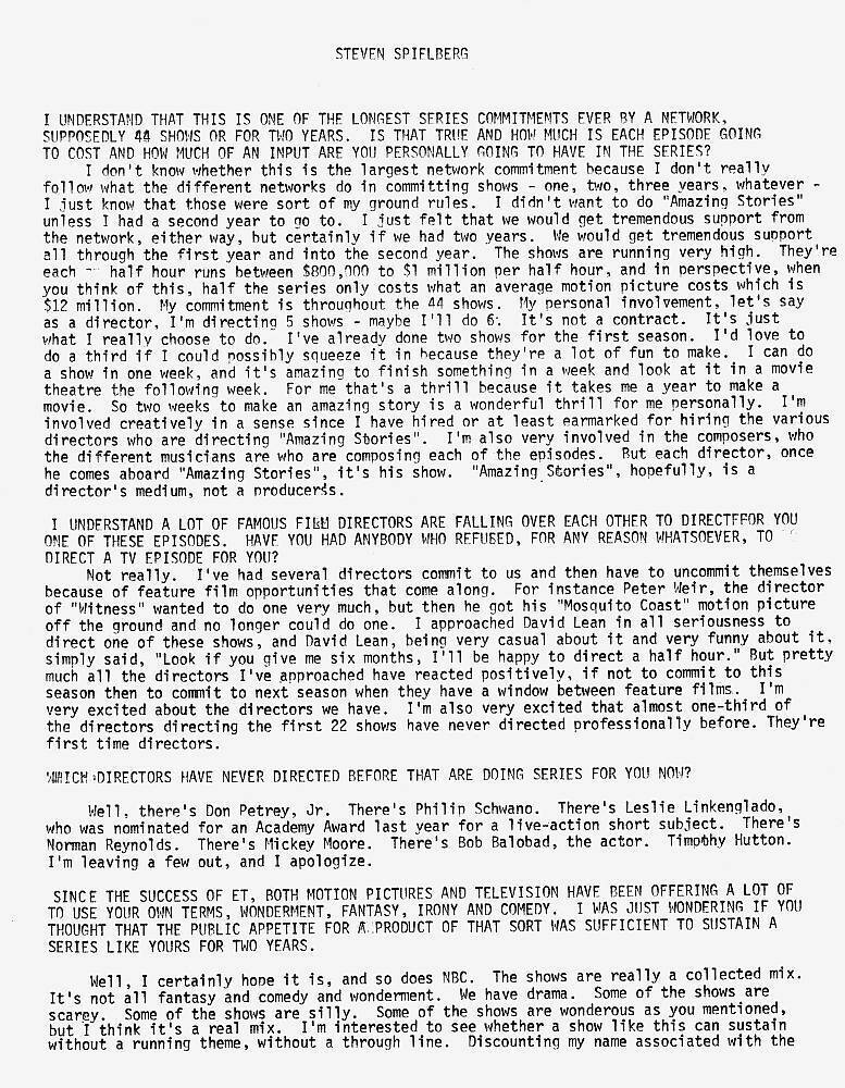 1985 STEVEN SPIELBERG 17 page AMAZING STORIES satellite interview typescript.