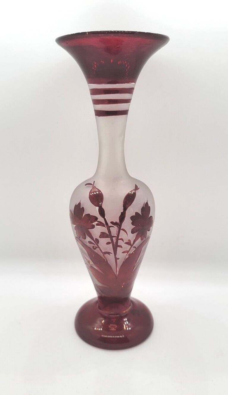 Czech Hand Made Vase Ruby Red Frosted Glass Cranberry Bohemian 8.25\