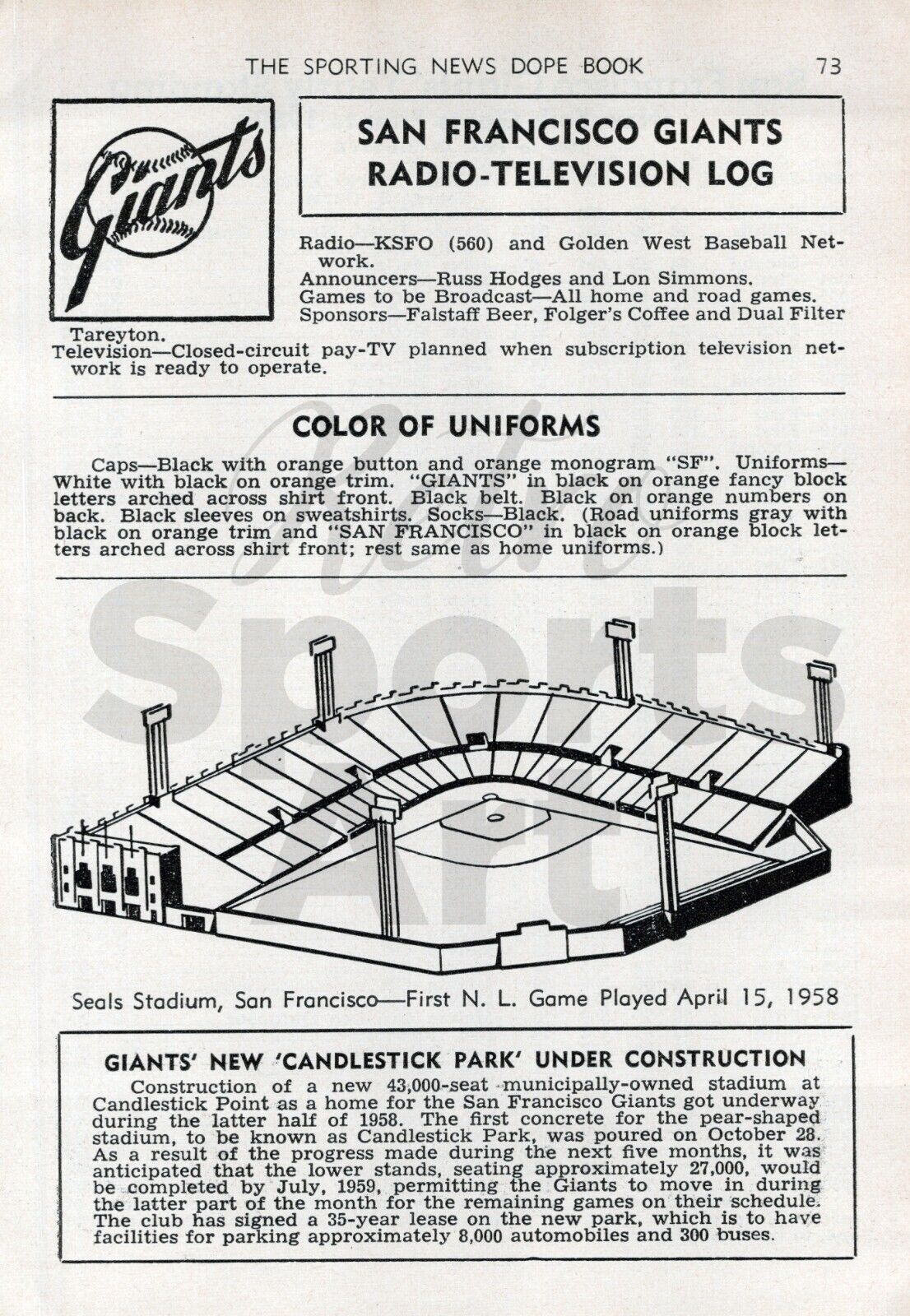 1959 San Francisco Giants Team Seals Sporting News Baseball  Vintage Print Page