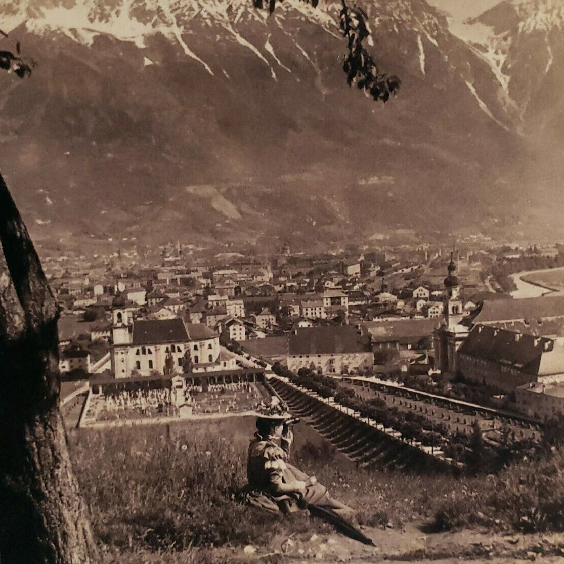 Austrian Spyglass Woman Innsbruck Stereoview c1898 Tyrol Austria Alps Card D549