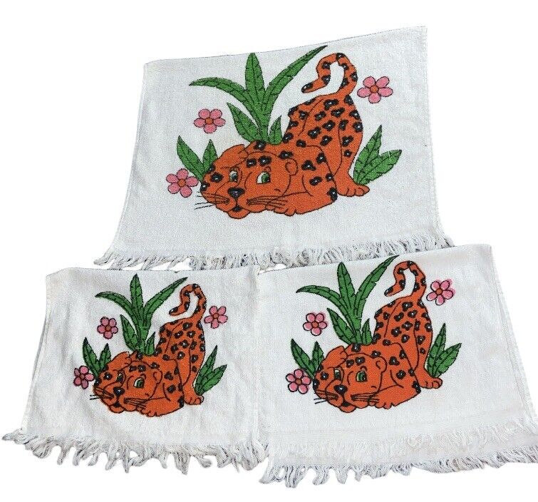 Vintage Terry Fringe Towels Jungle Leopard Kitschy Animal Bathroom White Kitchen