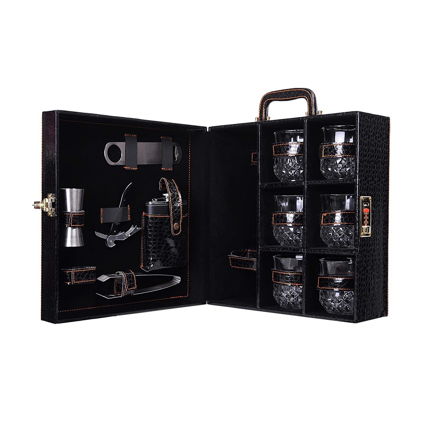 Croc Print Black Big Premium Bar Set with 6 Whiskey Glasses | Portable Bar Set