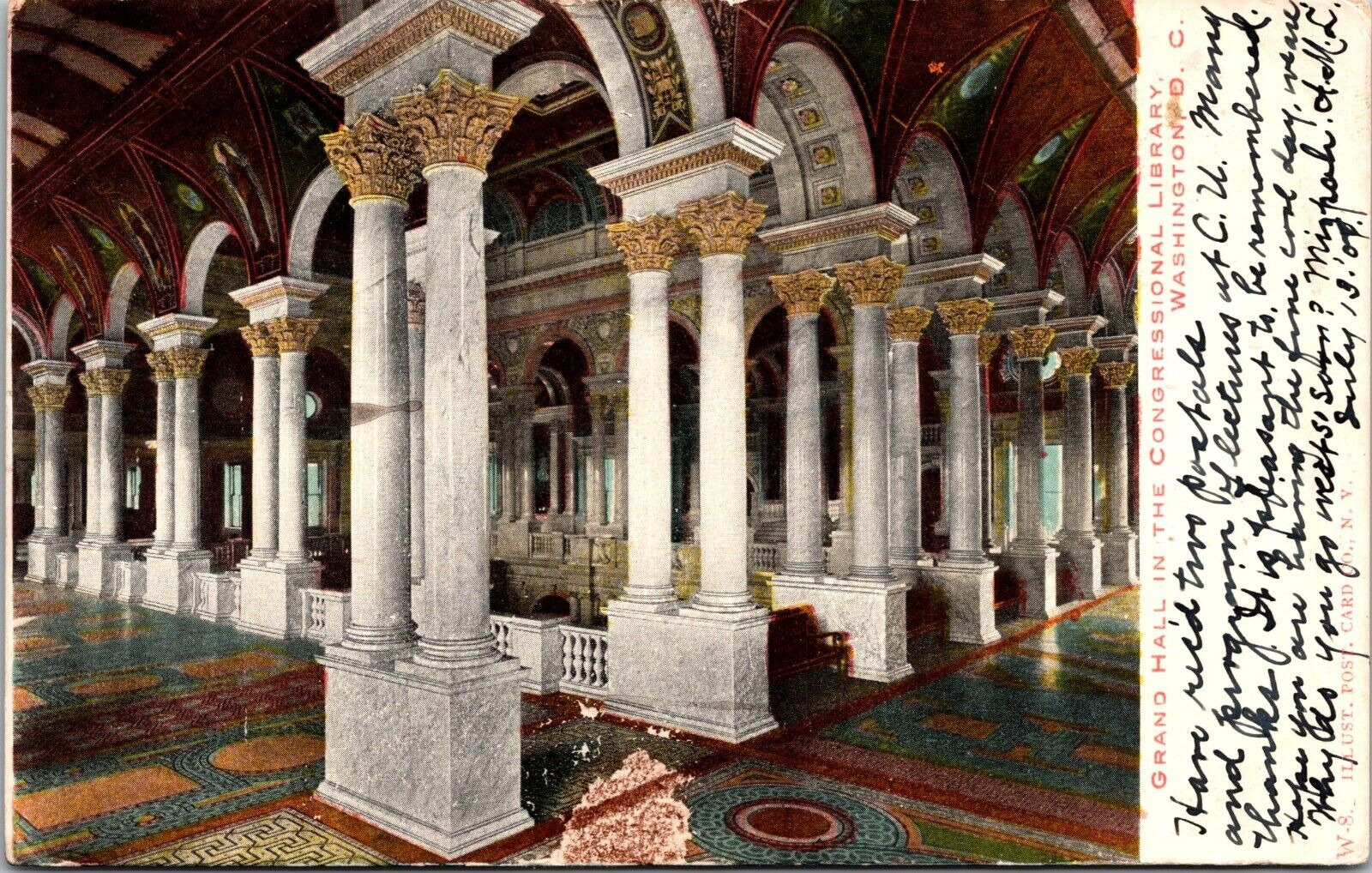 Postcard Posted 1912 Grand Hall Congressional Library Washington D C [by]
