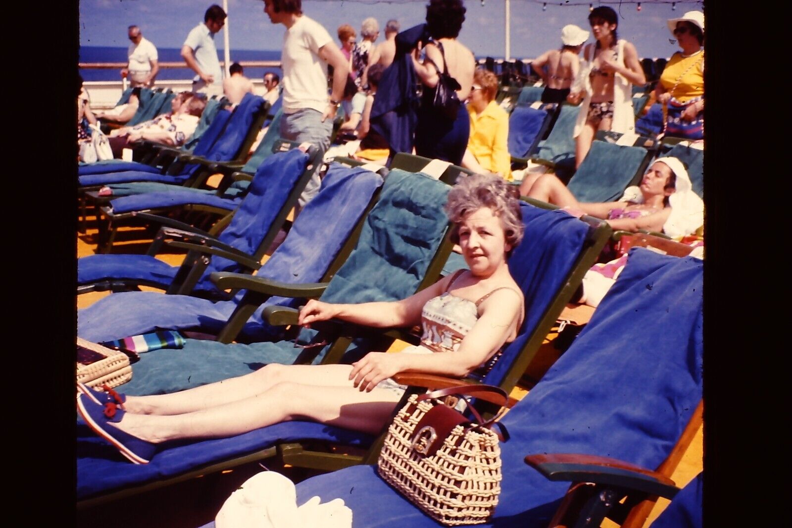 1972 WOMAN SUN BATHING CRUISE SHIP Vintage 35mm Slide 1970\'s OPL49