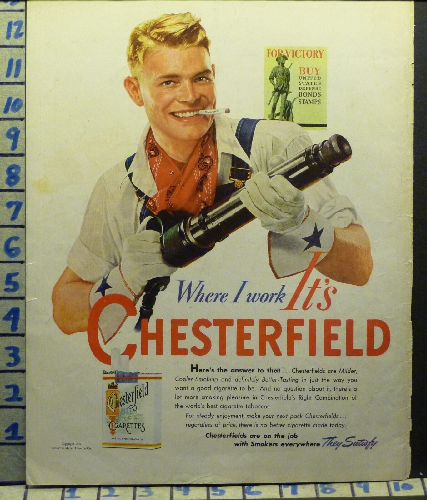 1942 CHESTERFIELD BOND RIVET GREASE GUN MILITARY WAR WWII VINTAGE ART AD Y11