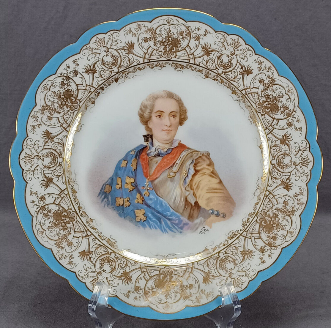 Antique Sevres Style King Louis XV Blue & Gold Portrait 9 1/2 Inch Plate 