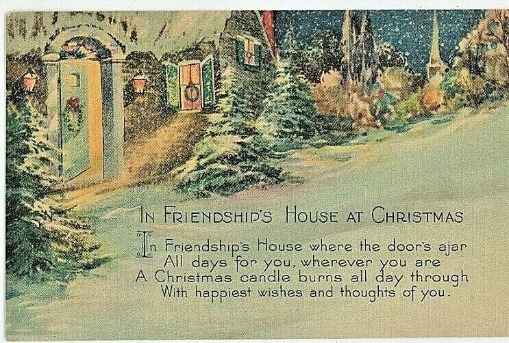 c.1905 Vintage Christmas Postcard Beautiful Village Scene Wreath Trees