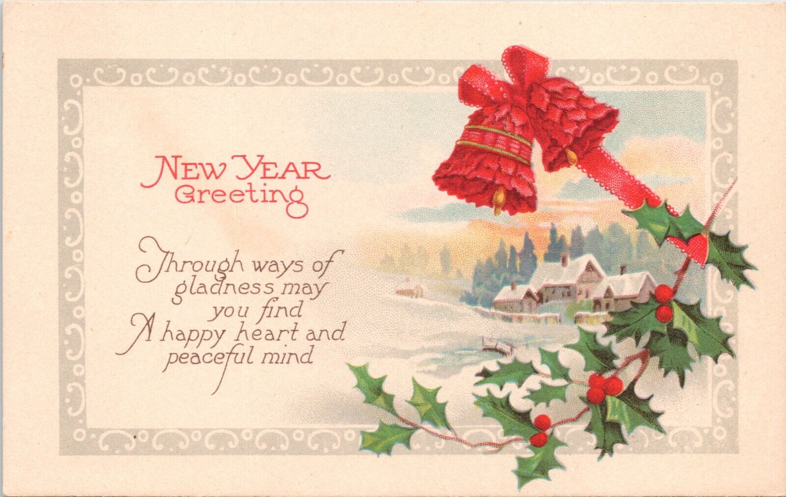 c1920s New Year Greeting Floral Ribbon Bell Holley Scenic View UNP Postcard 837b