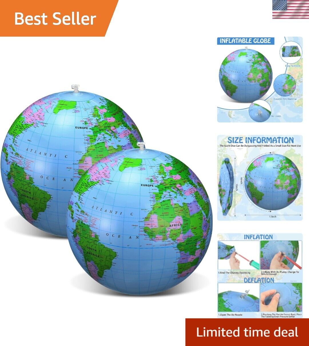 Lightweight 16-Inch Inflatable Globe Set - Educational and Entertainment Duo