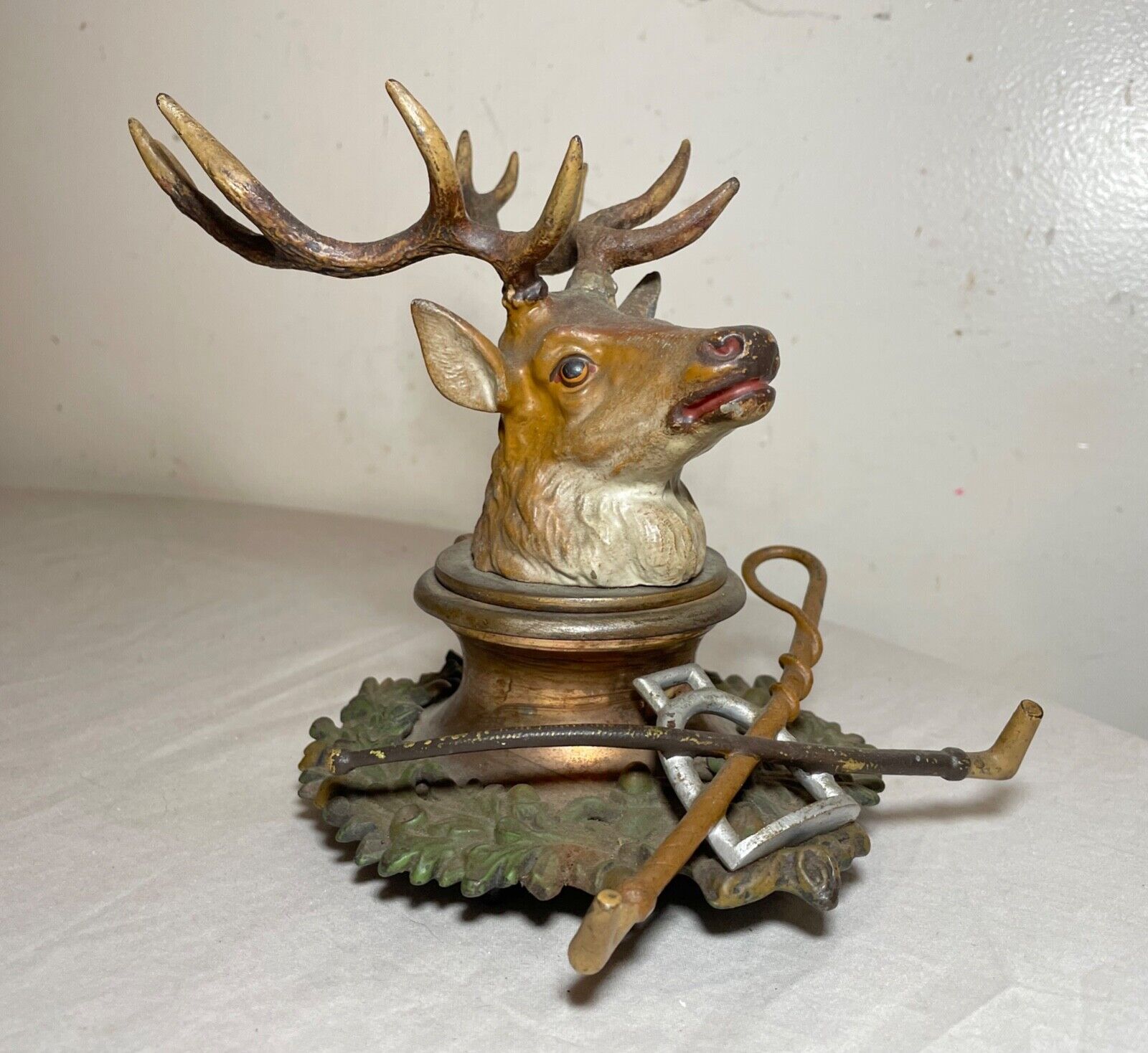 antique cold painted bronze cast iron hunting elk deer figural inkwell desk jar