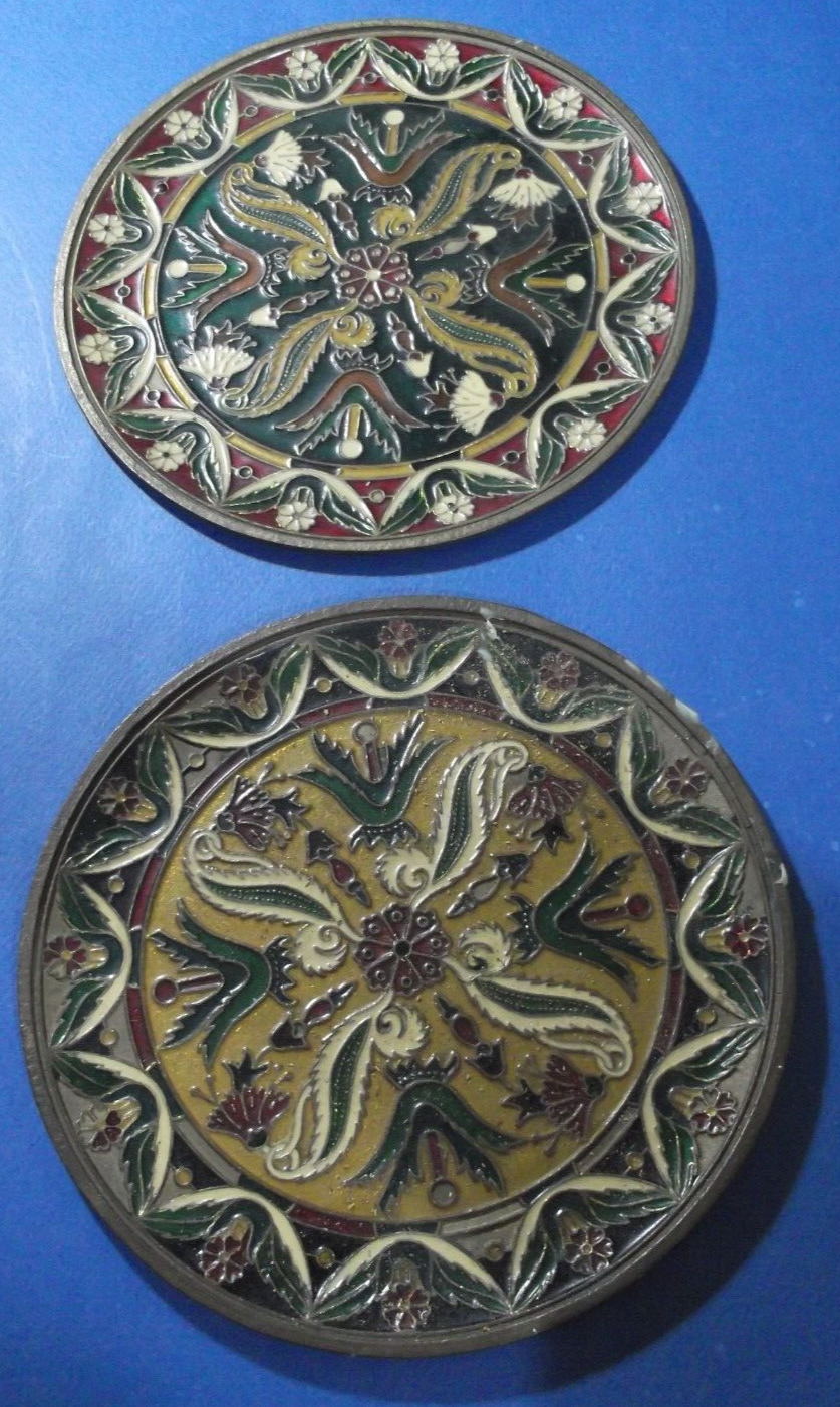 2 x VTG Byzantine Mosaic Bronze Enamel Round Plate Art Décor Handmade In Greece