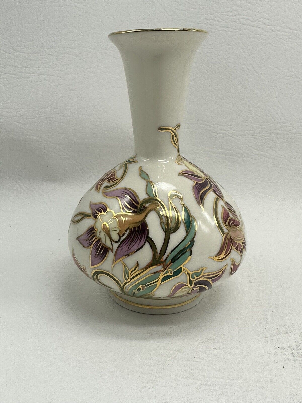 zsolnay hungary vase floral design with gold trim numbered Hand Painted Beautifu