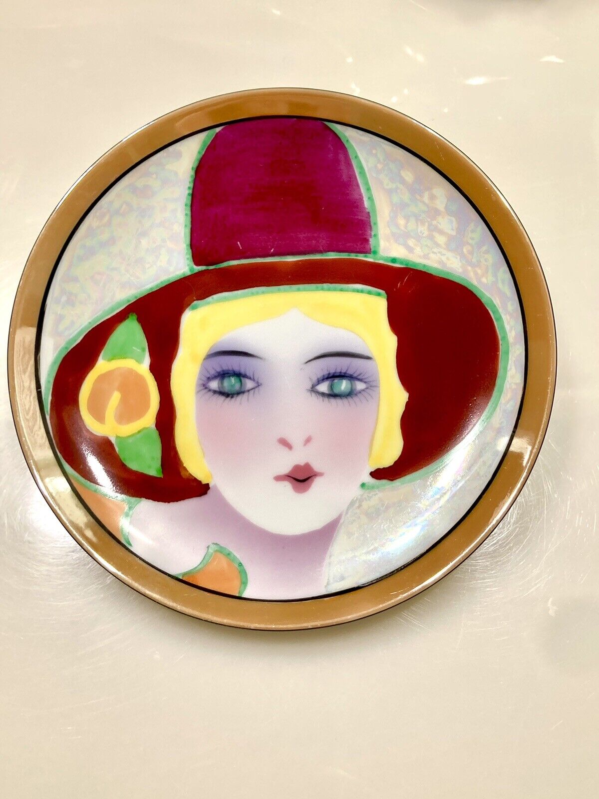 Noritake Rare Art Deco Lady Green Eye Plate M Stamp Japan Woman Face Vtg 6.5”