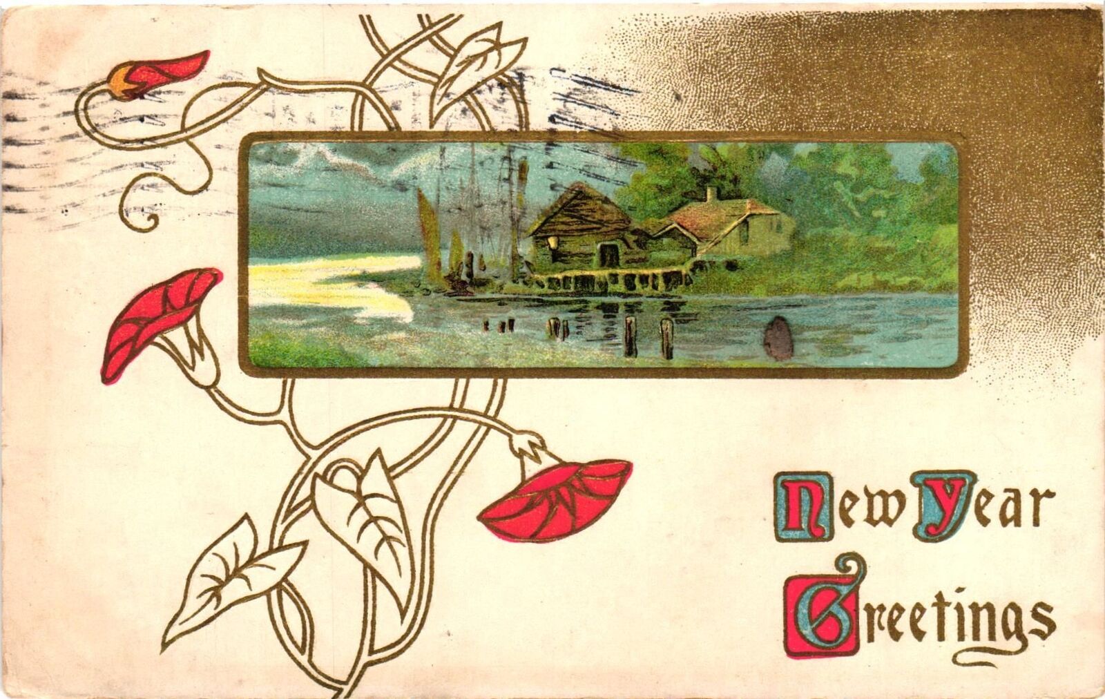 Vintage Postcard- Home by a river, New Year Greetings